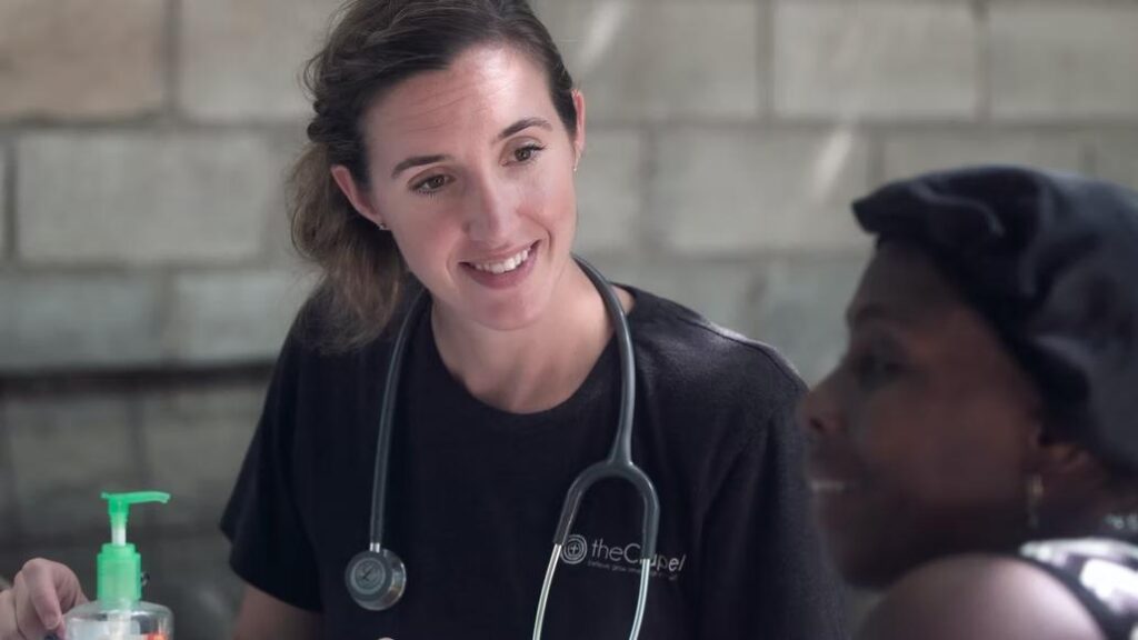 Travel nurse with patient